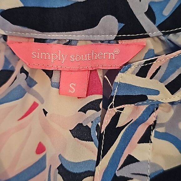 Simply Southern -671 Peasant Blouse Palm Leaves Long Sleeve Pink Blue Size Small - Picture 3 of 7